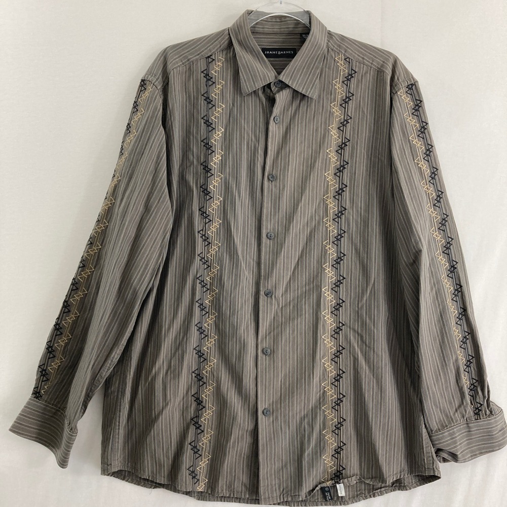 Jhane Barnes Button Up Shirt Mens Large Striped Silk Blend Embroidered Western